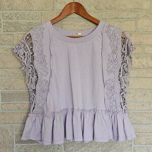 Anthropologie Babydoll Lace Sleeve T-Shirt Lavender Top Large